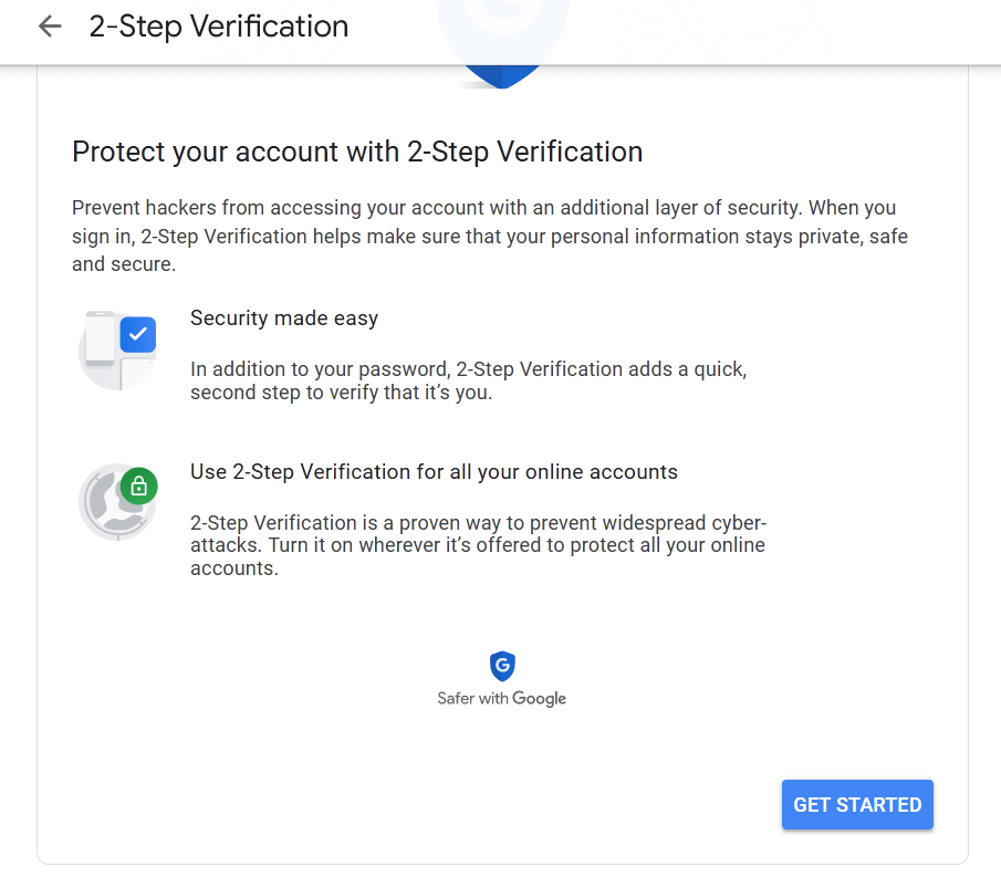 Switching on 2-Step Verification for Google account.